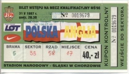 білет зб. Польща-Англія 1997 відбір ЧС-1998 /Poland-England match plastic ticket