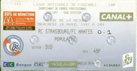 білет Франц. Championnat France RC Strasbourg-FC Nantes 1997 billet match ticket