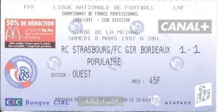 білет Франц. Championnat France Strasbourg-Gir.Bordeaux 1997 billet match ticket