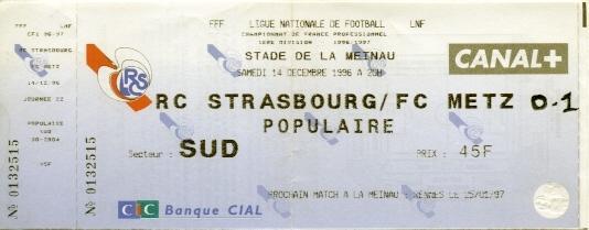 білет Франція Championnat France RC Strasbourg-FC Metz 1996 billet match ticket