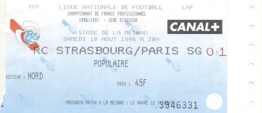 білет Франція Championnat France RC Strasbourg-Paris SG 1996 billet match ticket