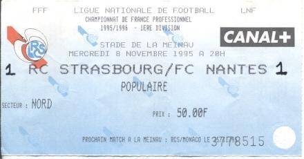 білет Франц. Championnat France RC Strasbourg-FC Nantes 1995 billet match ticket