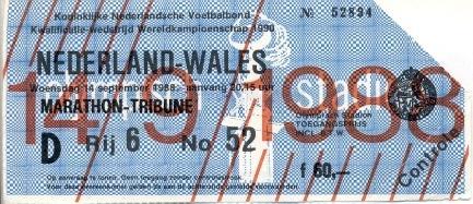 білет зб. Нідерланди-Уельс 1988 відбір ЧС-1990 / Netherlands-Wales match ticket