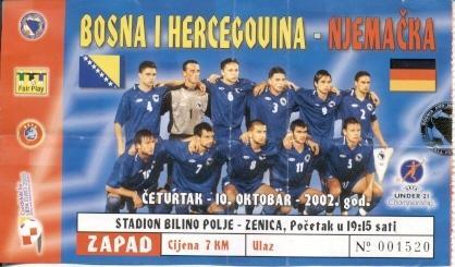 білет зб.Боснія-Німеччина 2002 молодіж./Bosnia-Germany U21 football match ticket