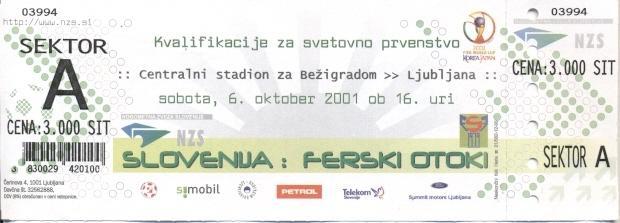 білет зб.Словенія-Фарери 2001 відбір ЧС-2002/Slovenia-Faroe Islands match ticket