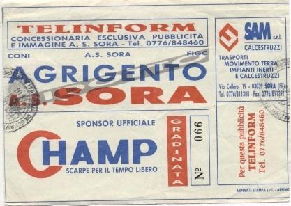 білет Італія Campionato Italia 1992 Sora-Agrigento biglietto calcio match ticket