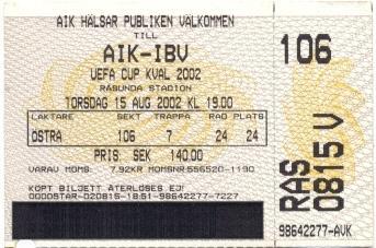 білет AIK Stockholm Sweden/Швеція-IB Vestman Iceland/Ісландія 2002 match ticket