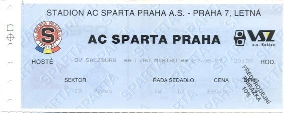 білет Sparta Prague Czechia/Чехія-SV Salzburg Austria/Австрія 1997a match ticket