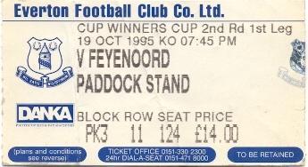 білет Everton FC England/Англ-Feyenoord Netherlands/Нідерланди 1995 match ticket