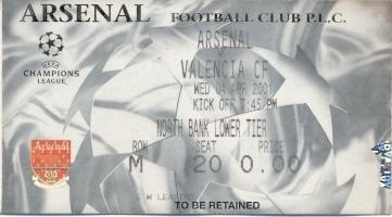 білет Арсенал/FC Arsenal England/Англ.-Valencia CF Spain/Іспан.2001 match ticket