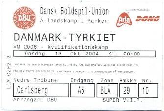 білет зб.Данія-Туреччина 2004 відб.ЧС-2006 /Denmark-Turkey football match ticket