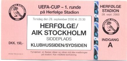 білет Herfolge BK Denmark/Данія-АІК/AIK Stockholm Sweden/Швец.2000 match ticket