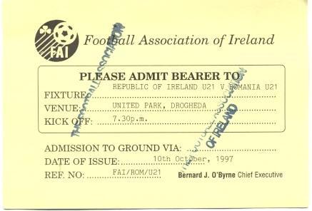 білет зб.Ірландія-Румунія 1997 молодіжні/Rep.of Ireland-Romania U21 match ticket