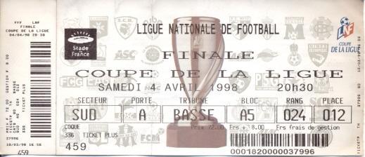 білет Франція,Кубок ліги 1998 /France League Сup final PSG-Bordeaux match ticket