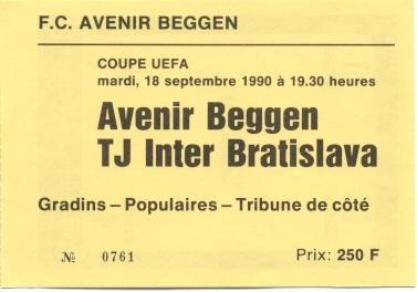 білет Avenir Luxembourg/Люксем.-Inter Bratislava Slovak/Словач.1990 match ticket