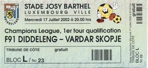 білет F91 Dudelange Luxembourg/Люксемб.-Vardar Macedonia/Макед.2002 match ticket