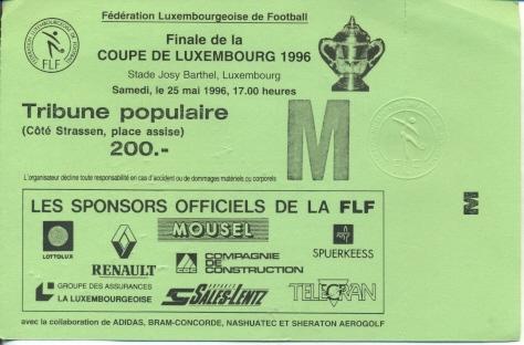 білет Люксембург, Кубок 1996 фінал / Luxembourg football Сup final match ticket