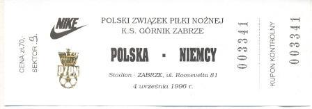 білет зб.Польща-Німеч. 1996a МТМ / Poland-Germany friendly football match ticket