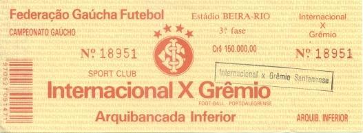 білет Бразилія чемп-т 1995 championship Brazil Internacional-Gremio match ticket