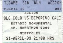 білет Colo Colo Chile-Deportivo Cali Colombia Copa Libertador.1999c match ticket