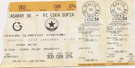 білет Galatasaray Turkey/Туреччина-ЦСКА/CSKA Bulgaria/Болгарія 2003 match ticket