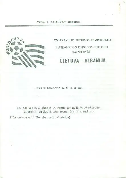 прог. зб. Литва-Албанія 1993a відбір ЧС-1994 / Lithuania-Albania match programme