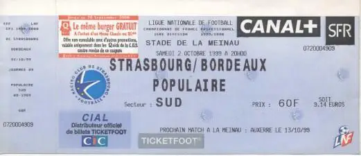 білет Франц. Championnat France RC Strasbourg-Bordeaux 1999b billet match ticket
