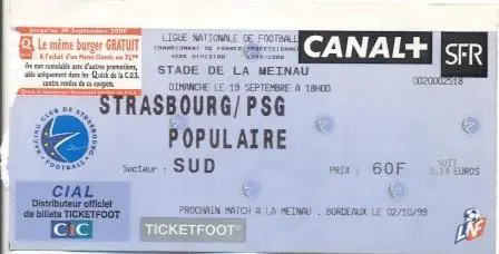 білет Франц. Championnat France RC Strasbourg-Paris SG 1999a billet match ticket