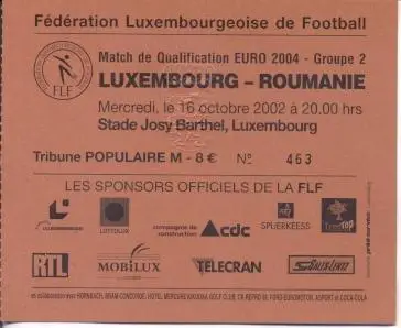 білет зб. Люксембург-Румунія 2002a відб.ЧЄ-2004 /Luxembourg-Romania match ticket