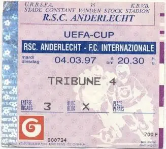 білет RSC Anderlecht Belg./Бельг.-FC Internazionale Italy/Італ.1997 match ticket