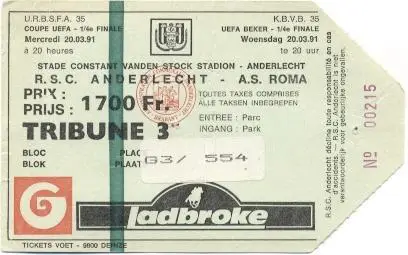 білет RSC Anderlecht Belgium/Бельгія-Рома/AS Roma Italy/Італія 1991 match ticket