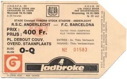 білет RSC Anderlecht Belgium/Бельгія-FC Barcelona Spain/Іспан.1989 match ticket