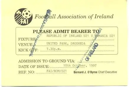 білет зб. Ірландія-Румунія 1997 молодіжні / R.Ireland-Romania U21 match ticket