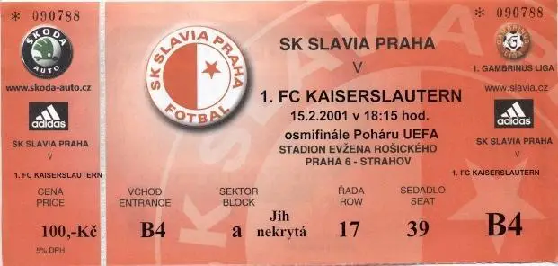 білет Slavia Praha Czech/Чехія-1.FC Kaiserslautern Germ./Німеч.2001 match ticket