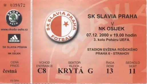 білет Slavia Praha Czech/Чехія-NK Osijek Croatia/Хорв.2001 football match ticket