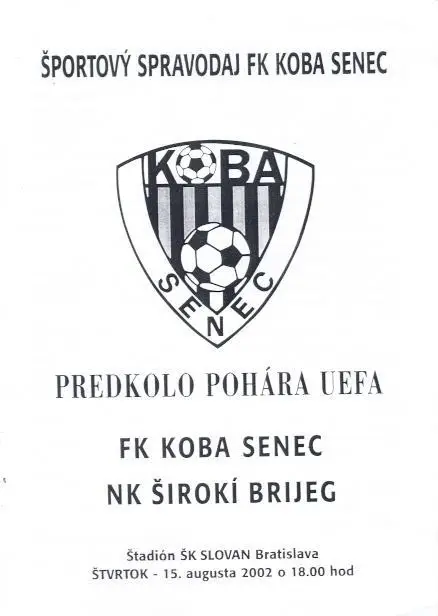 прог.Koba Senec Slovakia/Словач.-Siroki Brijeg Bosnia/Боснія 2002 match program