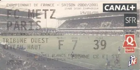 білет Франція Championnat de France FC Metz-Paris SG 2000 billet match ticket