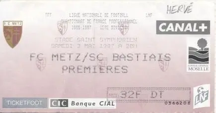 білет Франція Championnat de France FC Metz-SC Bastiais 1997 billet match ticket
