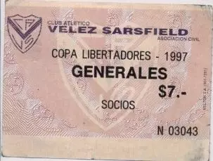 білет Velez S,Argentina-Nacional,Ecuador Copa Libertadores cup 1997 match ticket
