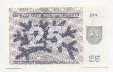Литва банкнота 25 талонас 1991 UNC / Lithuania banknote 25 talonas 1991 1