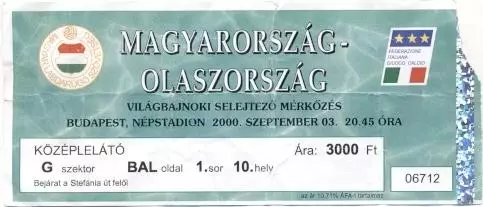 білет зб.Угорщина-Італія 2000a відб.ЧС-2002 /Hungary-Italy football match ticket