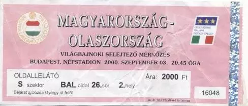 білет зб.Угорщина-Італія 2000b відб.ЧС-2002 /Hungary-Italy football match ticket