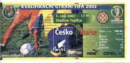 білет зб. Чехія-Мальта 2001 відбір ЧС-2002 / Czechia-Malta football match ticket