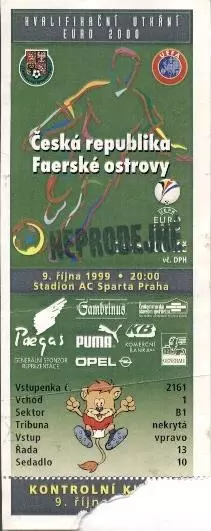 білет зб.Чехія-Фарери 1999 відбір ЧЄ-2000 / Czechia-Faroe Islands match ticket