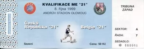 білет зб.Чехія-Бельгія 1999 молодіжні /Czechia-Belgium U21 football match ticket
