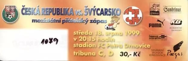 білет зб. Чехія-Швейцарія 1999a МТМ / Czechia-Switzerland friendly match ticket