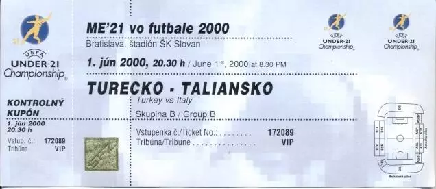 білет зб.Італія-Туреччина Євро-2000 молодіжні/Italy-Turkey Euro U21 match ticket