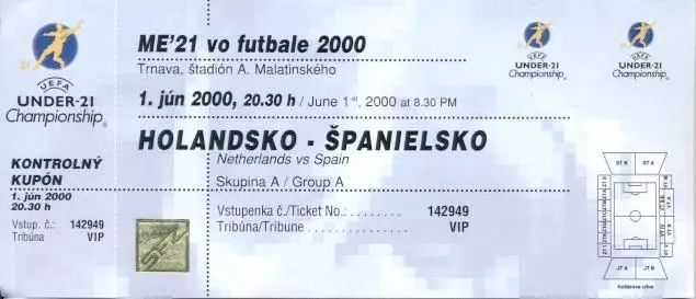 білет зб.Іспанія-Нідерл. Євро-2000 молодіж./Spain-Netherl. Euro U21 match ticket