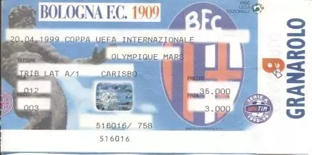 білет Bologna FC Italy/Італія-Olympique Marseille France/Франц.1999 match ticket