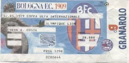 білет Bologna FC Italy/Італія-Olympique Lyonnais France/Франц.1999a match ticket